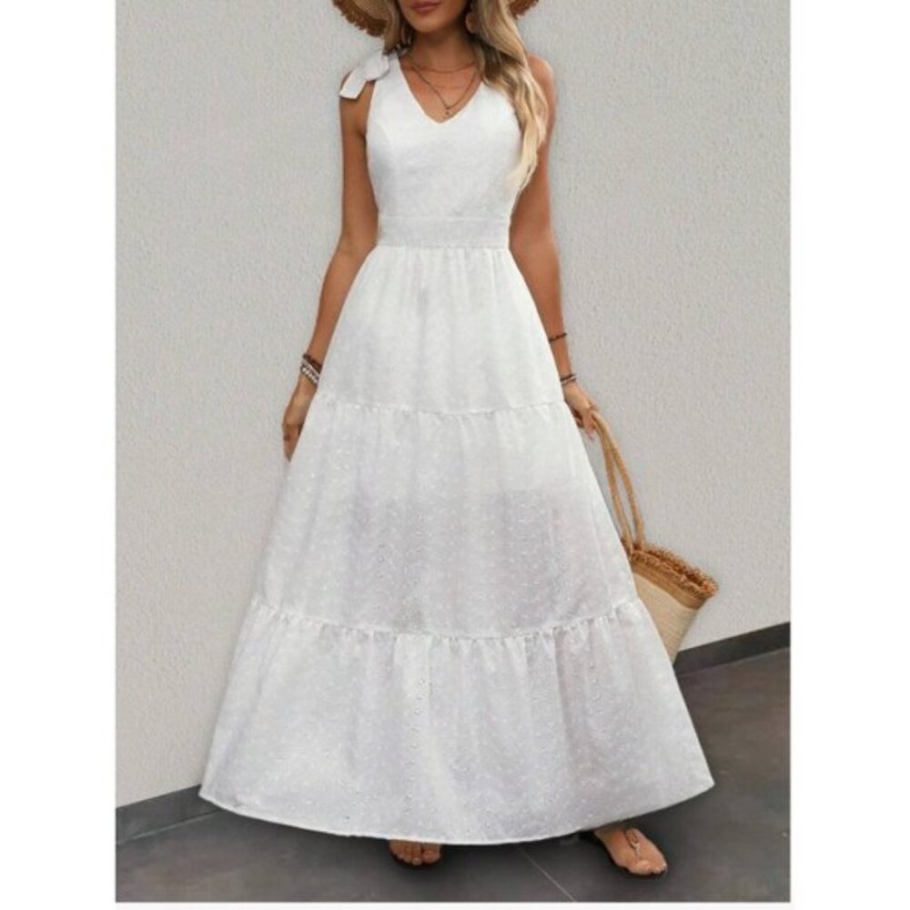 LAST ONE 🔥 Eyelet Embroidery Shoulder Tie Ruffle Hem Dress White